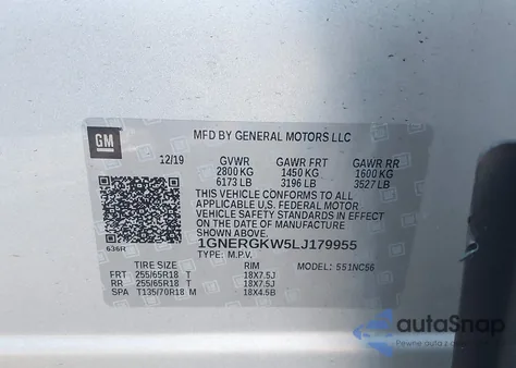 2020 Chevrolet Traverse Fwd Lt Cloth z USA, uszkodzony, nr VIN 1GNERGKW5LJ179955